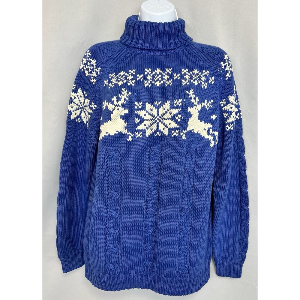 VTG Lands‎ End Womens Fair Isle Knit Turtleneck Sweater Blue Reindeer Winter Y2K
